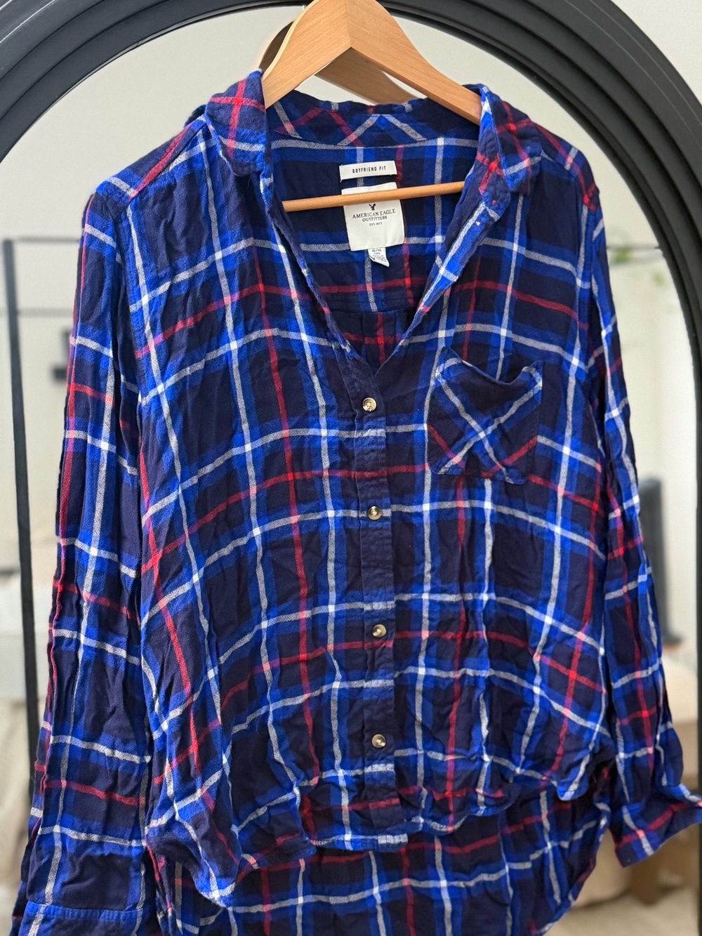 American Eagle Outfitters Navy Blue and Red Plaid Boyfriend Shirt
